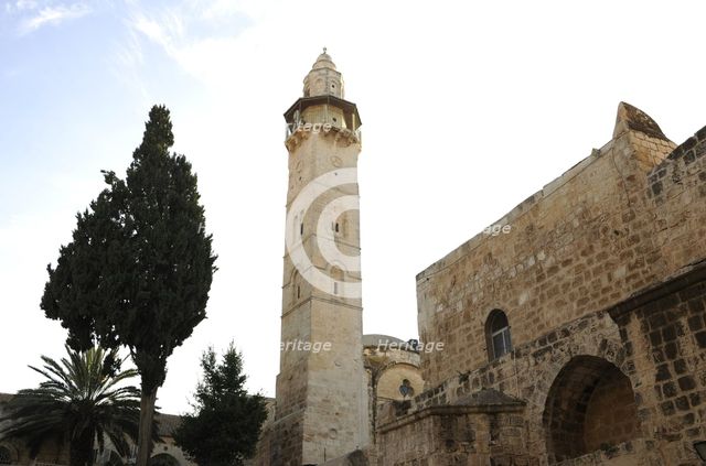 Minaret of the Mosque of Omar near the basilica of the Holy Sepulchre, Jerusalem, Israel, 2014.  Creator: LTL.