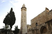 Minaret of the Mosque of Omar near the basilica of the Holy Sepulchre, Jerusalem, Israel, 2014. Creator: LTL