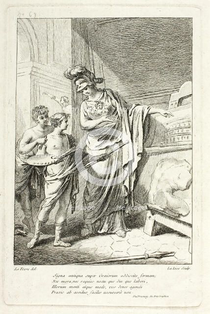 Minerva Teaching a Young Artist, illustration for the Catalogue historique du Cabinet by Mariette. Creator: Ange-Laurent de La Live de Jully.