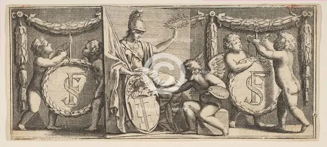 Minerva and the Arms of François Sublet de Noyers Painted by the Geniu..., mid to late 17th century. Creator: Abraham Bosse.