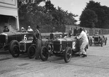 Minerva, Austin and Alvis at the start of an Inter-Club Meeting, Brooklands, 20 June 1931. Artist: Bill Brunell