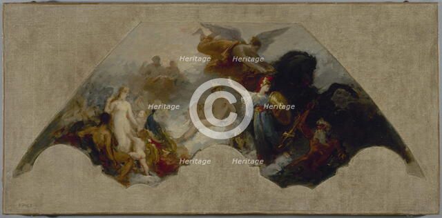 Minerva fighting Brute Force in front of reunited Olympus, c1872. Creator: Unknown.