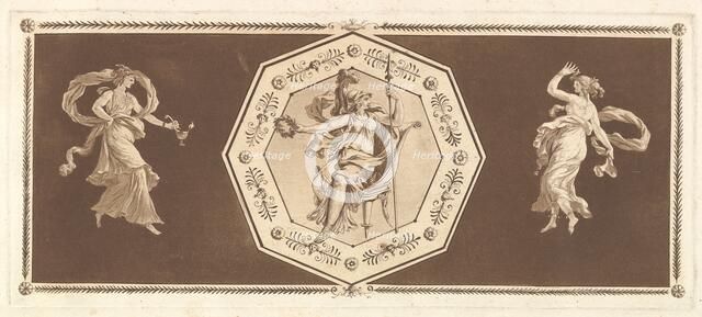 Minerve assisse dans un octagone décoratif, avec une figure à gauche et à doroite (la Nuit..., 1784. Creator: Jean Jacques Lagrenee.