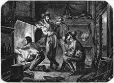Miners in the Californian gold fields relaxing in their log cabin at night, 1853