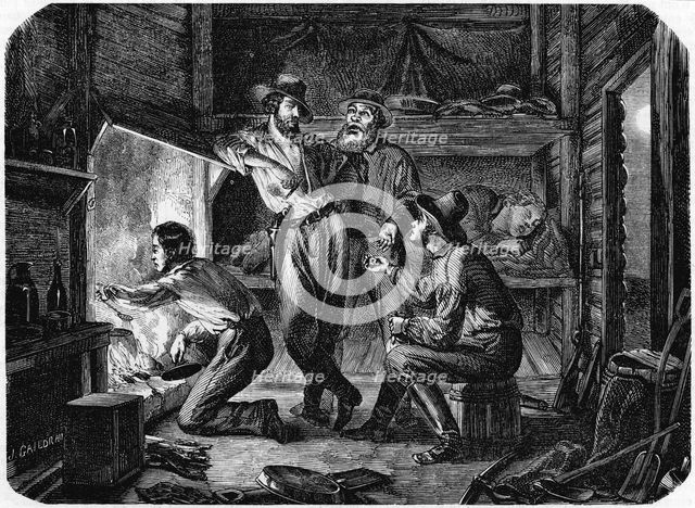 Miners in the Californian gold fields relaxing in their log cabin at night, 1853. Artist: Unknown