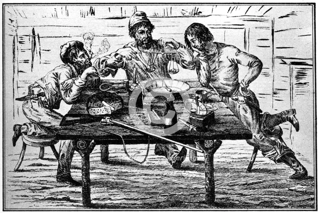 Miners weighing their gold, 19th century (1937).Artist: Britton & Rey