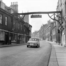 Mini on the 1959 Mobil Economy Run, George Hotel in Stamford. Creator: Unknown