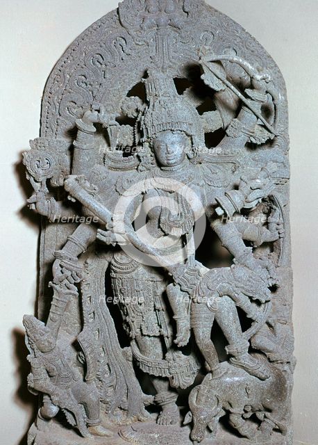 Miniature of Durga killing the buffalo demon, 13th century. Artist: Unknown