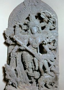 Miniature of Durga killing the buffalo demon, 13th century