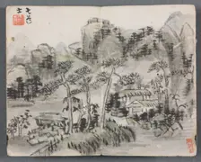 Miniature Album with Figures and Landscape (Landscape with Two Buildings), 1822. Creator: Zeng Yangdong (Chinese)
