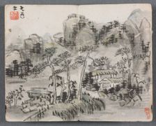 Miniature Album with Figures and Landscape (Landscape with Two Buildings), 1822. Creator: Zeng Yangdong (Chinese)