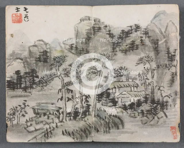 Miniature Album with Figures and Landscape (Landscape with Two Buildings), 1822. Creator: Zeng Yangdong (Chinese).