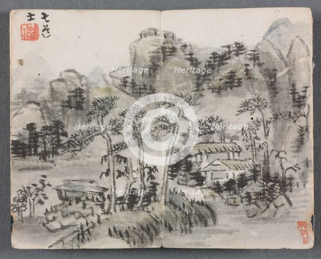 Miniature Album with Figures and Landscape (Landscape with Two Buildings), 1822. Creator: Zeng Yangdong (Chinese).