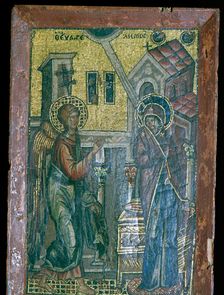 Miniature Byzantine mosaic of the Annunciation, 14th century