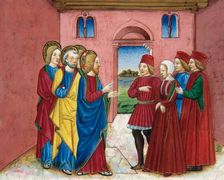 Miniature depicting the Pharisees bringing before Jesus a woman accused of adultery, 1476. Creator: Cristoforo De Predis