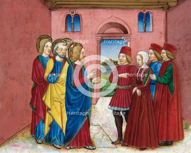 Miniature depicting the Pharisees bringing before Jesus a woman accused of adultery, 1476.  Creator: Cristoforo De Predis.