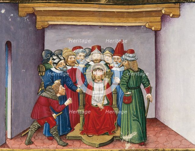Miniature depicting Jesus, in crimson robes, tortured and mocked, 1476.  Creator: Cristoforo De Predis.