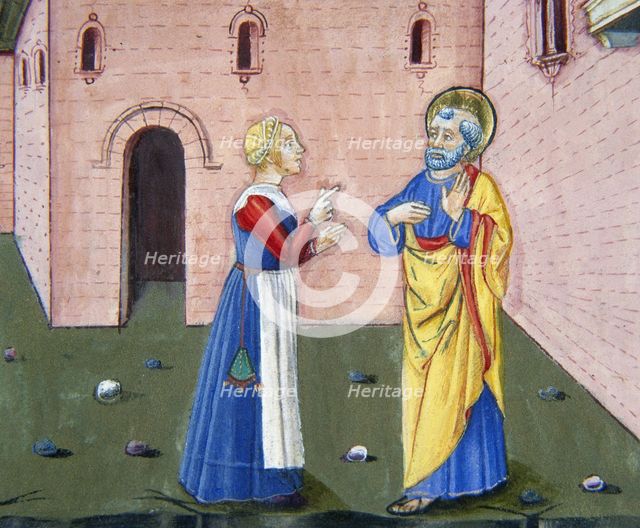 Miniature depicting Peter, discovered by a servant, denies knowing Jesus for the second time, 1476.  Creator: Cristoforo De Predis.