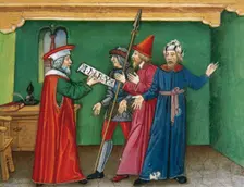 Miniature depicting Pilate with an inscription which reads: Jesus of Nazareth, king of the..., 1476. Creator: Cristoforo De Predis