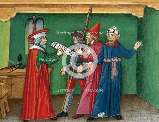 Miniature depicting Pilate with an inscription which reads: Jesus of Nazareth, king of the..., 1476. Creator: Cristoforo De Predis.