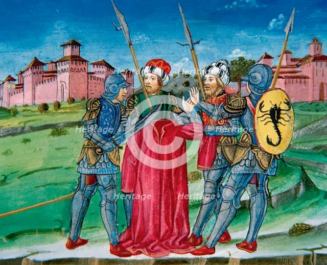 Miniature depicting soldiers raffling the tunic of Jesus, 1476.  Creator: Cristoforo De Predis.