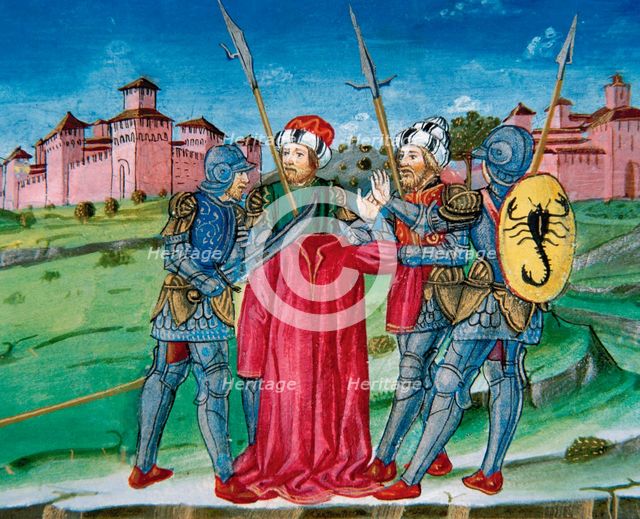 Miniature depicting soldiers raffling the tunic of Jesus, 1476.  Creator: Cristoforo De Predis.