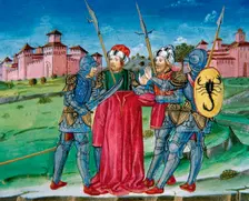Miniature depicting soldiers raffling the tunic of Jesus, 1476. Creator: Cristoforo De Predis