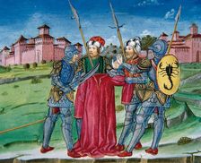 Miniature depicting soldiers raffling the tunic of Jesus, 1476. Creator: Cristoforo De Predis