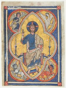 Miniature Excised from a Psalter: Christ in Majesty with Symbols of the Four Evangelists, c. 1235. Creator: Unknown