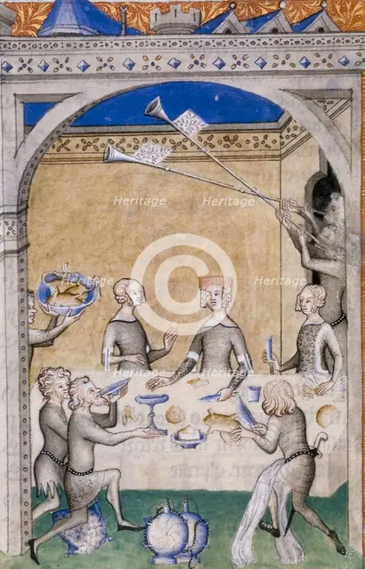 Miniature from Le Remède de Fortune by Guillaume de Machaut. Feast scene, 1355-1360.