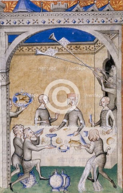 Miniature from Le Remède de Fortune by Guillaume de Machaut. Feast scene, 1355-1360.