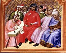 Miniature in Codex Justinian Institutiones Feodorum et Alia illuminated manuscript, c. 1300
