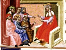 Miniature in Codex Justinian Institutiones Feodorum et Alia illuminated manuscript, c. 1300, d…