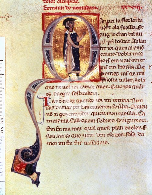 Miniature in which Bernat Ventadorn appears, 1125 - 1195, Provençal troubadour.