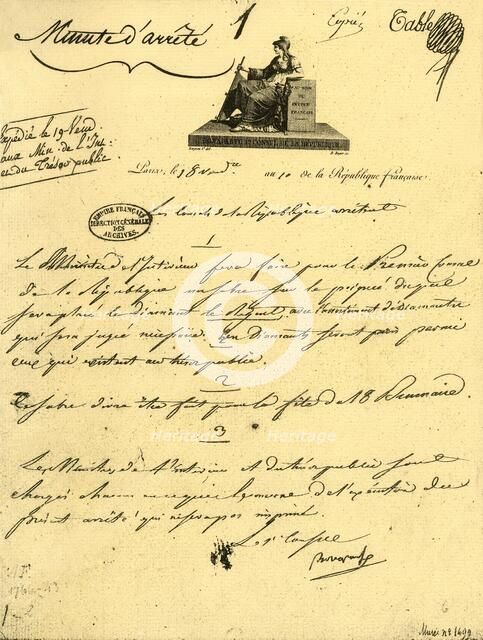 Ministerial order concerning...a...sabre for the First Consul, 10 October 1801, (1921). Creator: Unknown.