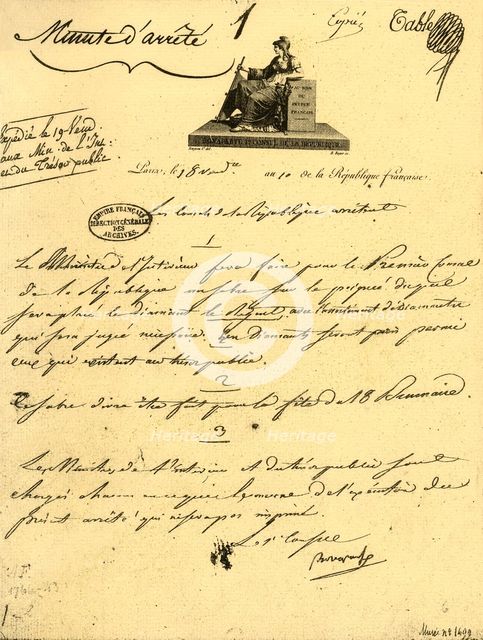 Ministerial order concerning...a...sabre for the First Consul, 10 October 1801, (1921). Creator: Unknown.