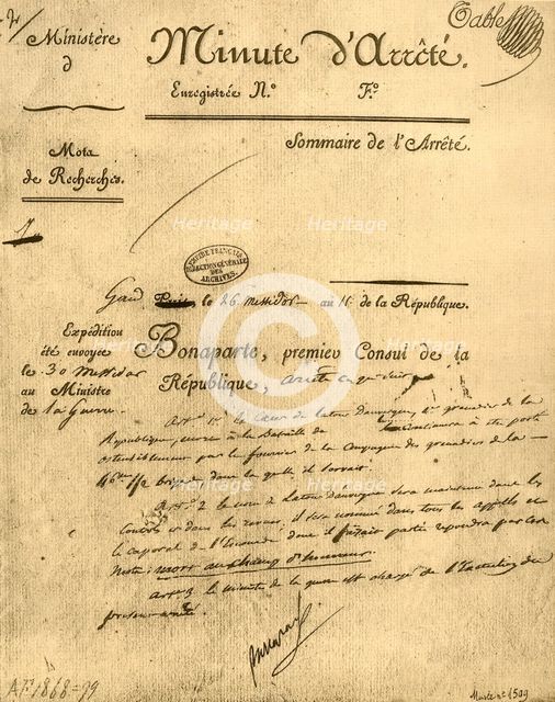 Ministerial order on the subject of La Tour d'Auvergne, 15 July 1803, (1921). Creator: Unknown.