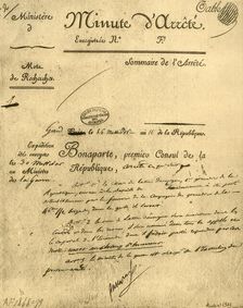 Ministerial order on the subject of La Tour d'Auvergne, 15 July 1803, (1921). Creator: Unknown
