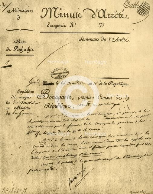 Ministerial order on the subject of La Tour d'Auvergne, 15 July 1803, (1921). Creator: Unknown.