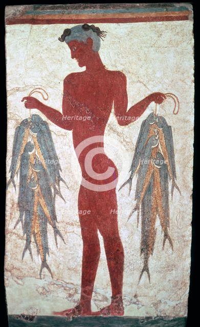 Minoan fresco showing a boy with fishes, 20th century. Artist: Unknown