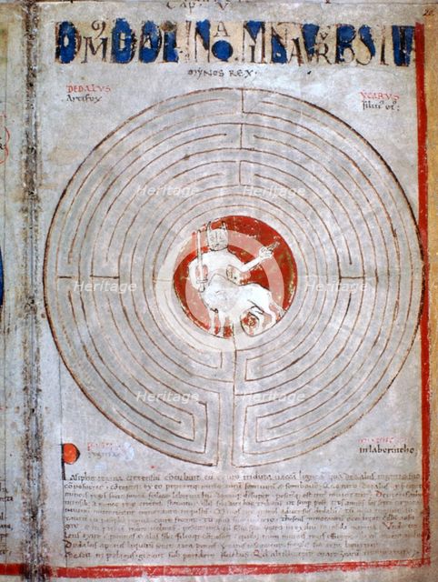 Minotaur in a labyrinth, a page from Liber Floridus, 12th century. Artist: Unknown