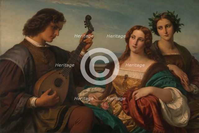 Minstrel and two listening Ladies, 1849. Creator: Carl Ferdinand Sohn.