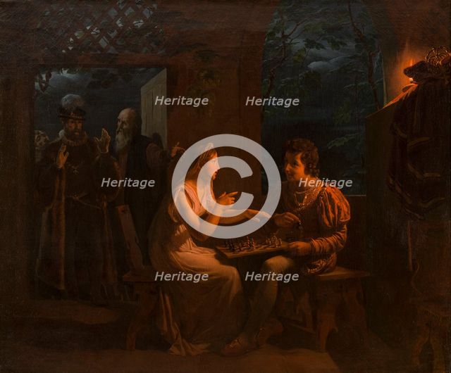 Miranda fait une partie d'échec avec Ferdinand qu'elle accuse, en plaisantant, de tricher, 1822. Creator: Gillot Saint-Evre.