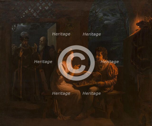 Miranda fait une partie d'échec avec Ferdinand qu'elle accuse, en plaisantant, de tricher, 1822. Creator: Gillot Saint-Evre.