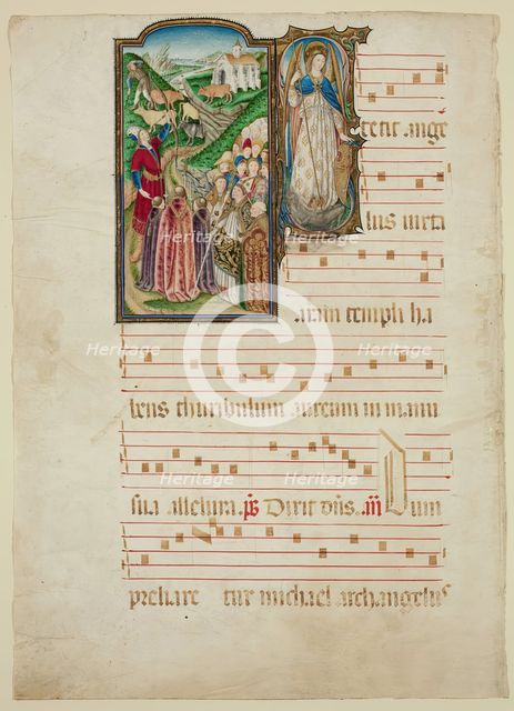 Miracle of Mount Gargano; Historiated "S" with Saint Michael, late 15th century. Creator: Circle of Jaume Huguet.