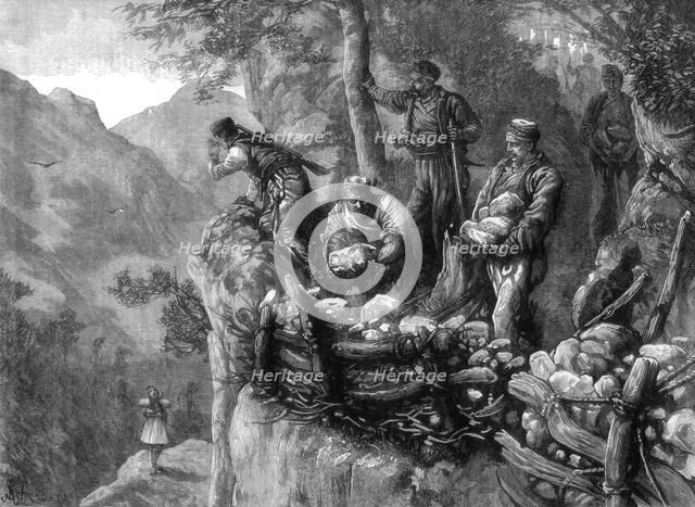 Miridites and Albanians building stone batteries for mountain defences, Albania, 1880.Artist: Chomberg
