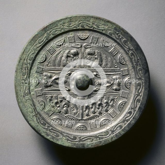 Mirror Featuring Deities and Kings in Three Sections..., late 2nd-early 3rd century. Creator: Unknown.