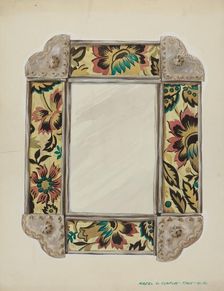 Mirror, Framed with Wall Paper Panels, Bordered in Tin, c. 1938. Creator: Majel G. Claflin