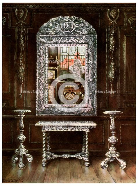 Mirror, gueridons, and table overlaid with silver plaques, 1910.Artist: Edwin Foley