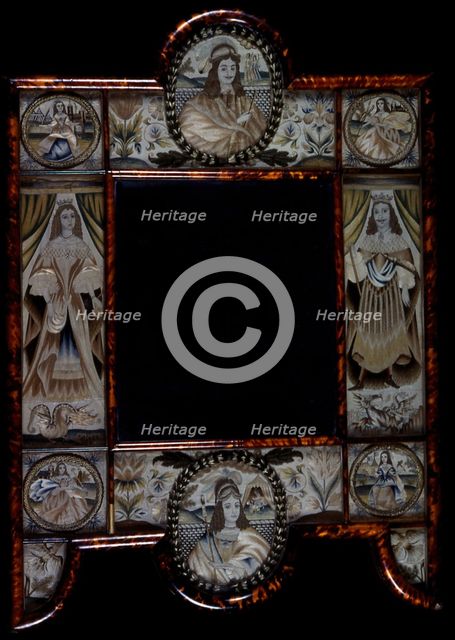 Mirror Showing King Charles II, Queen Catherine of Braganza, and Scenes from the Old Testament... Creator: Unknown.